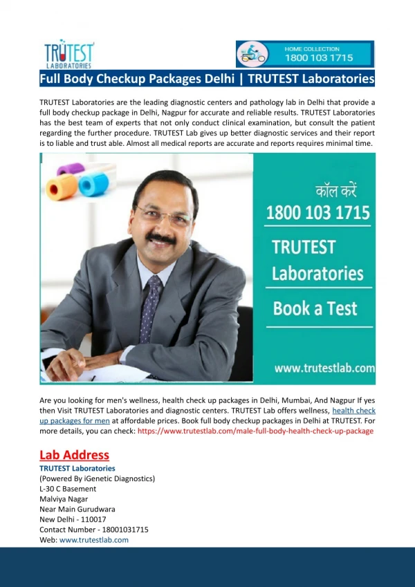 Full Body Checkup Packages Delhi-TRUTEST Laboratories