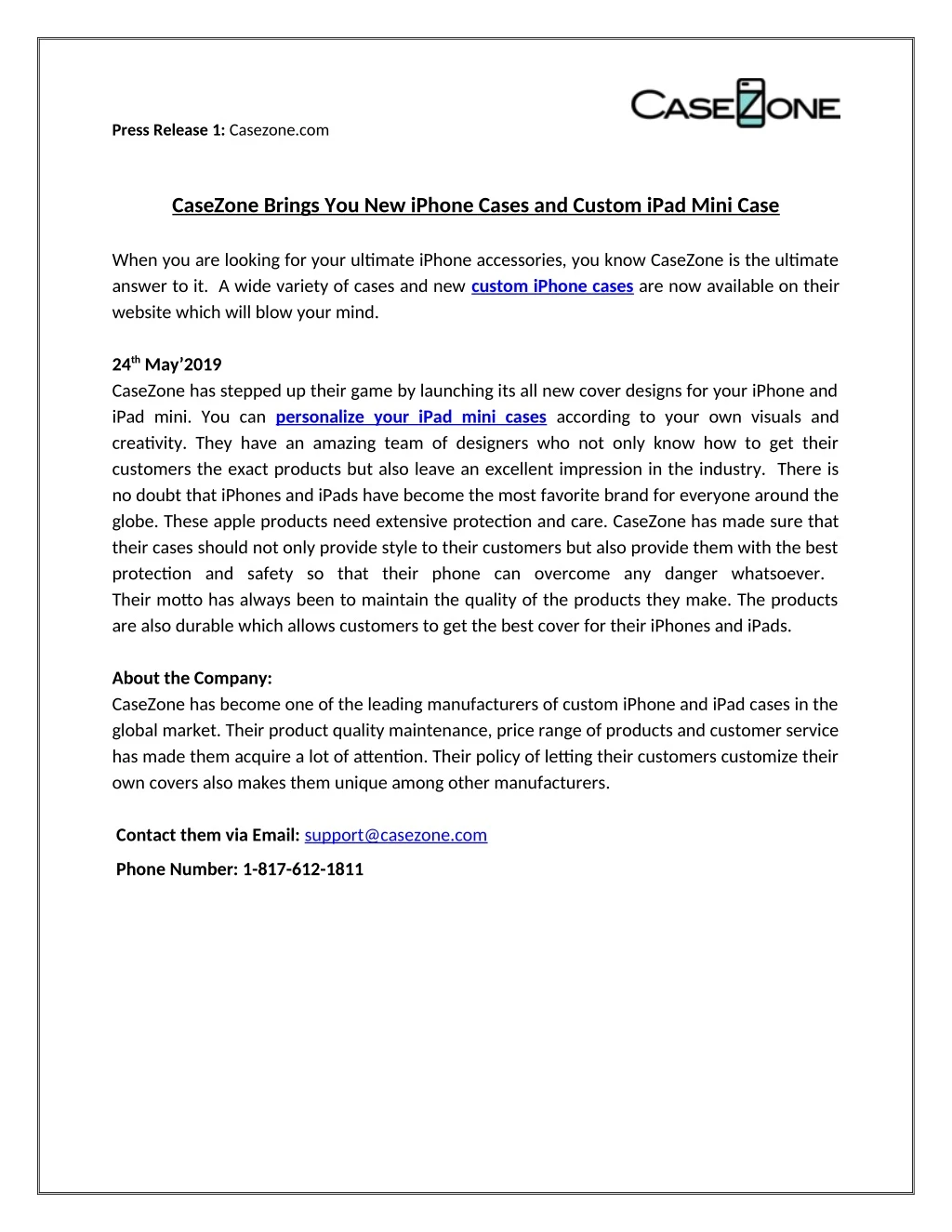 press release 1 casezone com