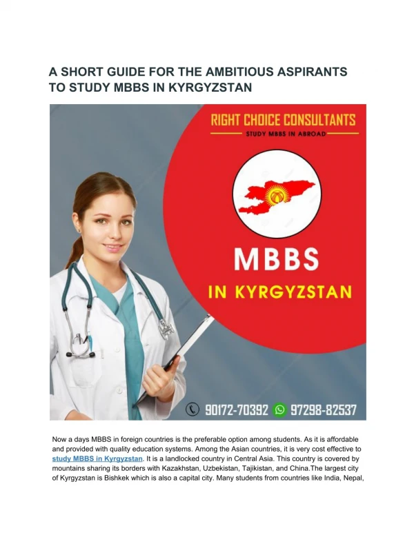 A SHORT GUIDE FOR THE AMBITIOUS ASPIRANTS TO STUDY MBBS IN KYRGYZSTAN