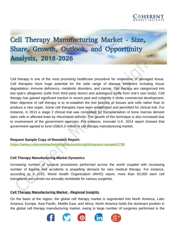 Cell Therapy Manufacturing Market to Exhibit Steadfast Growth During 2018-2026 Forecast by Global Top Players