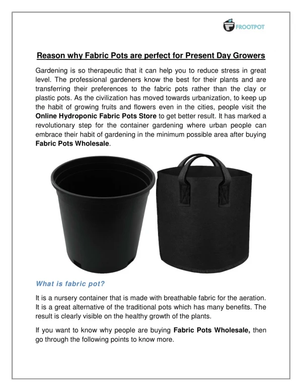 Reason why Fabric Pots are perfect for Present Day Growers
