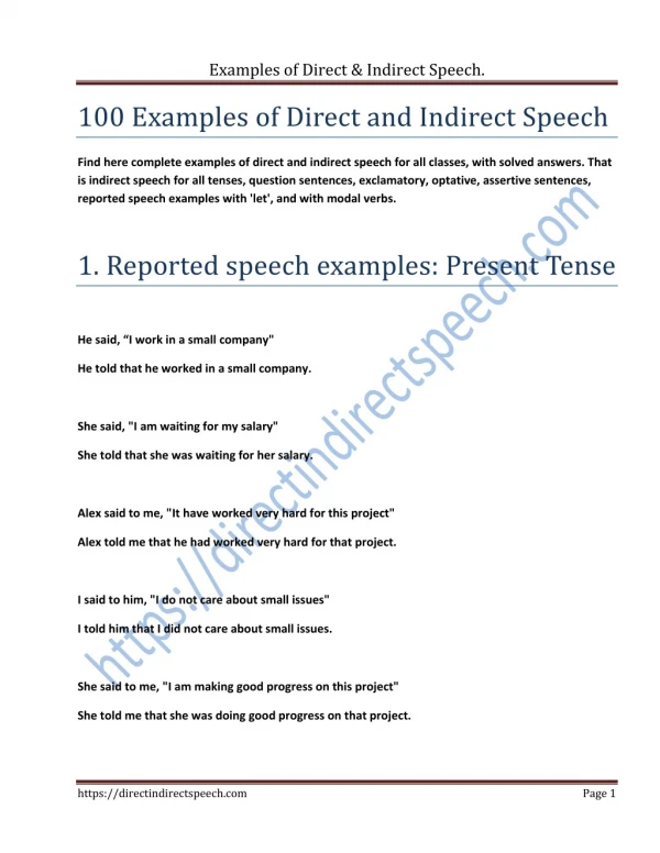 100 examples of Direct and indirect speech