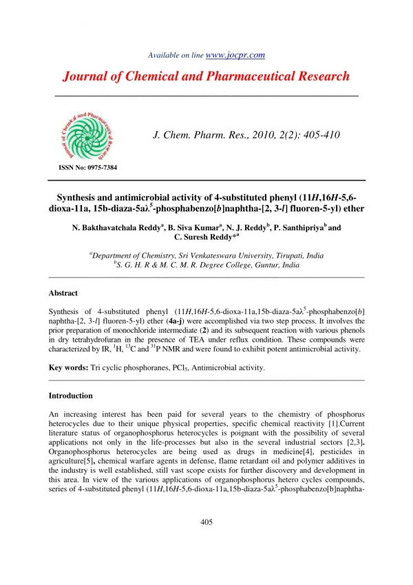 Synthesis and antimicrobial activity of 4-substituted phenyl (11H,16H-5,6- dioxa-11a, 15b-diaza-5a? 5 -phosphabenzo[b]na