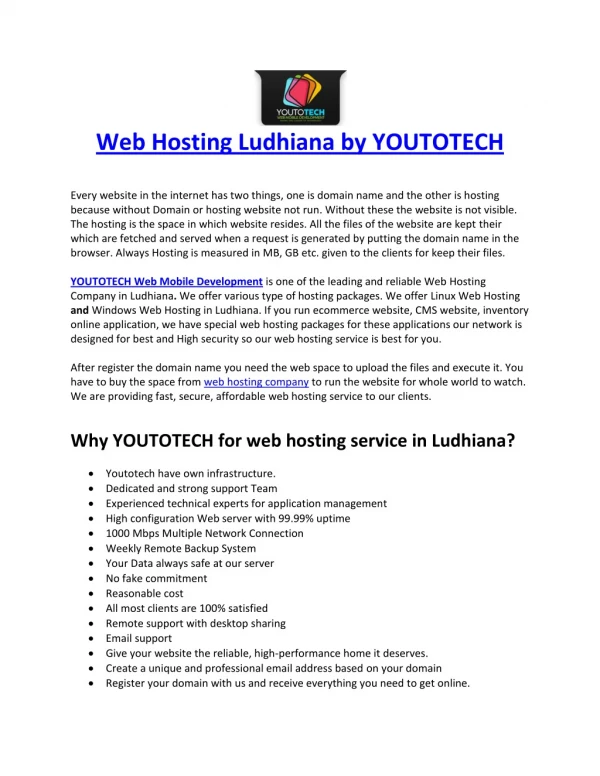 Web Hosting Ludhiana by YOUTOTECH WEB MOBILE DEVELOPMENT