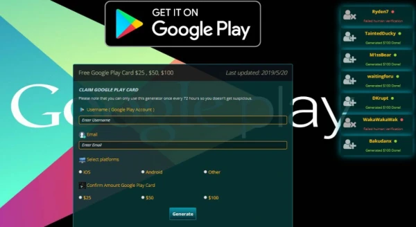 Free Google Play Gift Card Online Generator 2019
