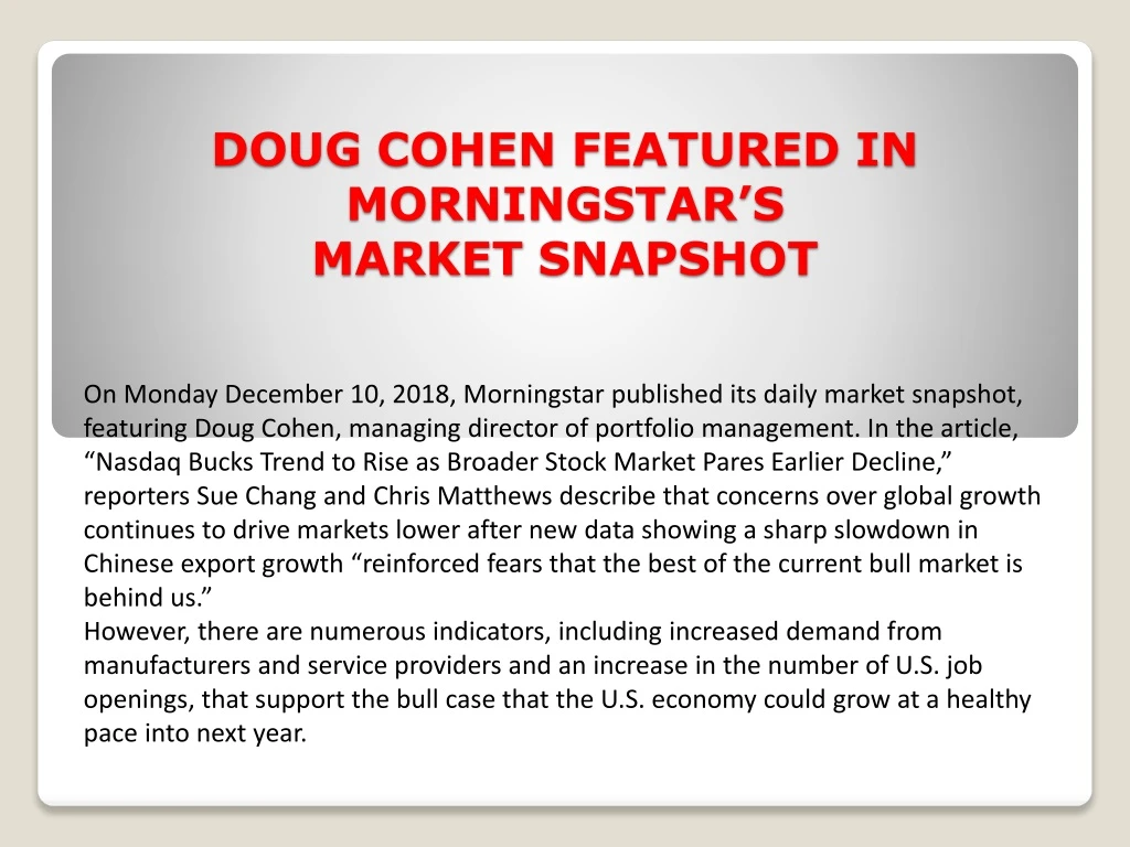 doug cohen featured in morningstar s market snapshot