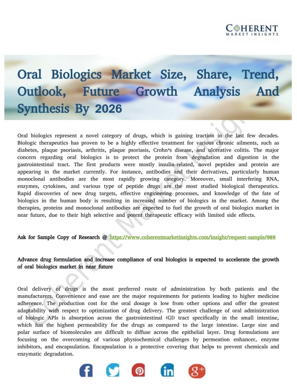 Oral Biologics Market Generate Maximum Revenues By 2026