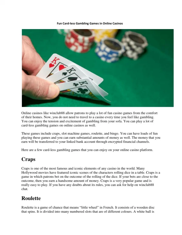 Fun Card-less Gambling Games in Online Casinos