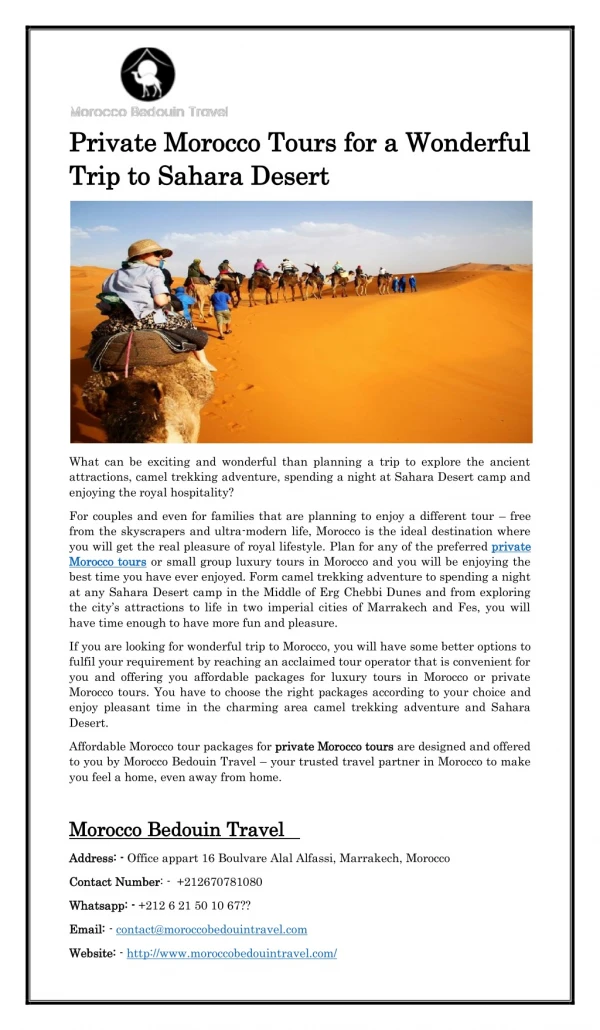 Private Morocco Tours for a Wonderful Trip to Sahara Desert
