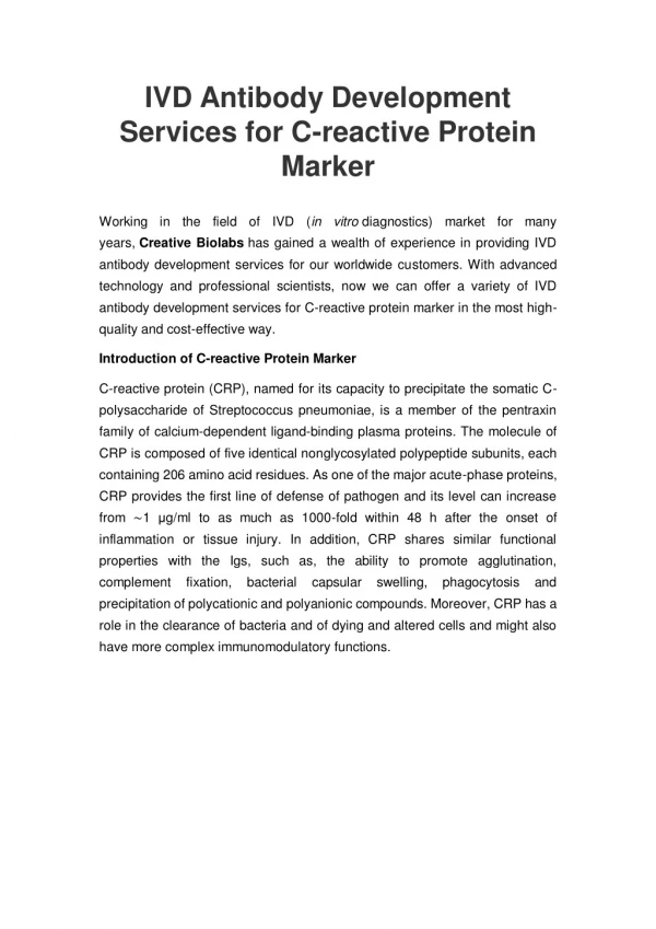 IVD Antibody Development Services for C-reactive Protein Marker