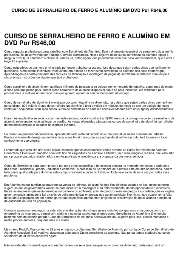 CURSO DE SERRALHEIRO DE FERRO E ALUMÍNIO EM DVD Por R$46,00
