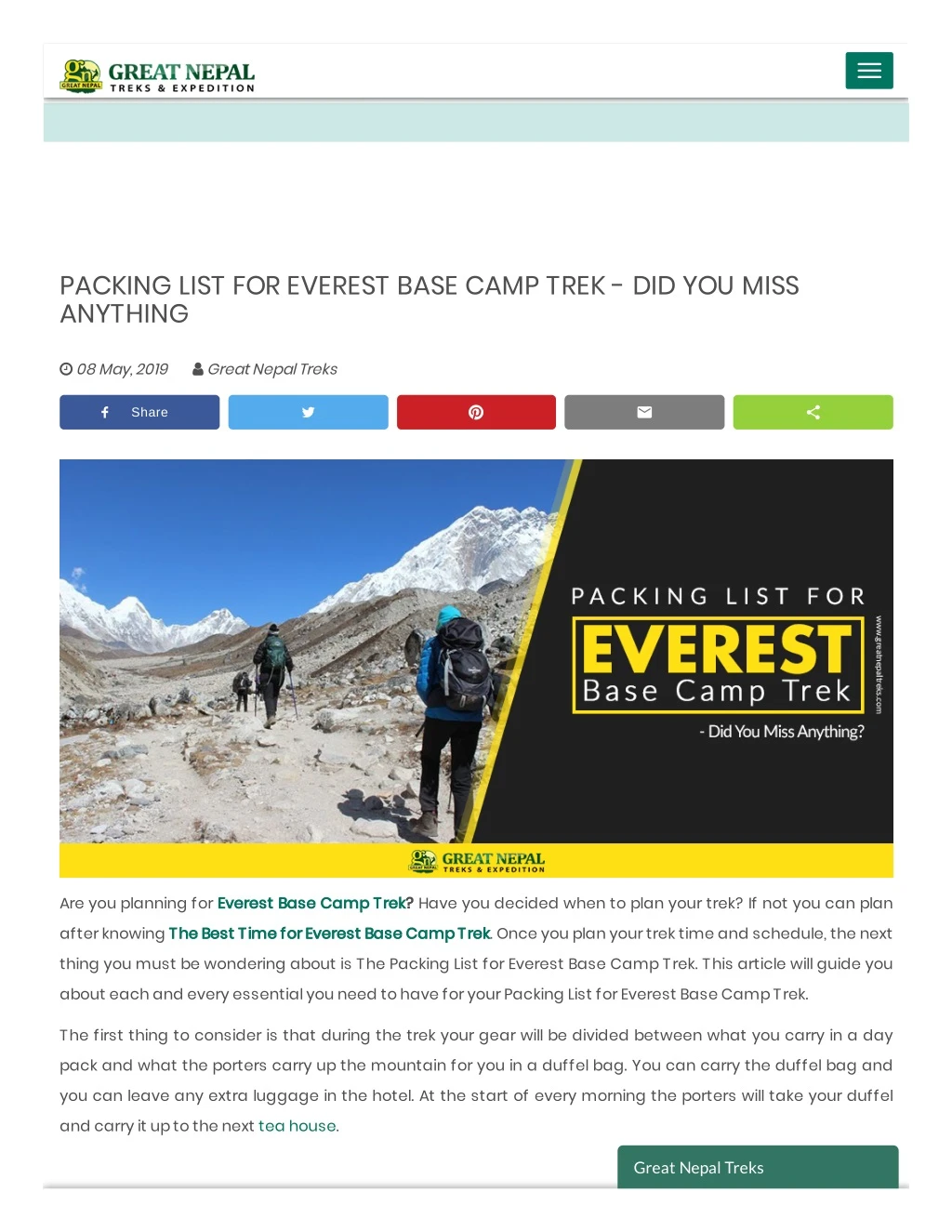 packing list for everest base camp trek