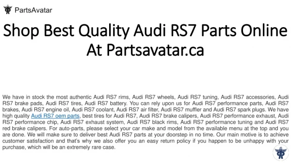 Shop Top Brands Audi RS7 Parts Online at Parts Avatar Canada.