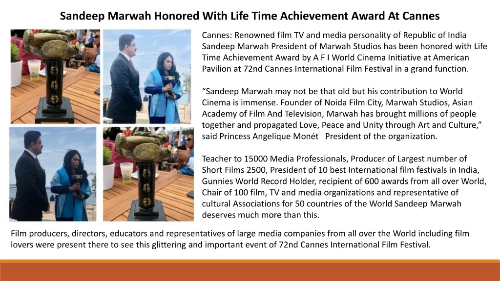 sandeep marwah honored with life time achievement