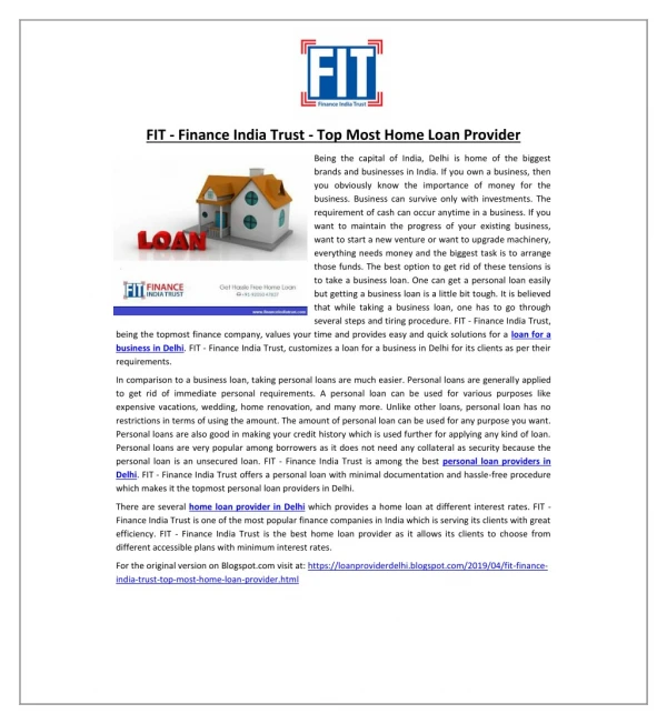 FIT - Finance India Trust - Top Most Home Loan Provider