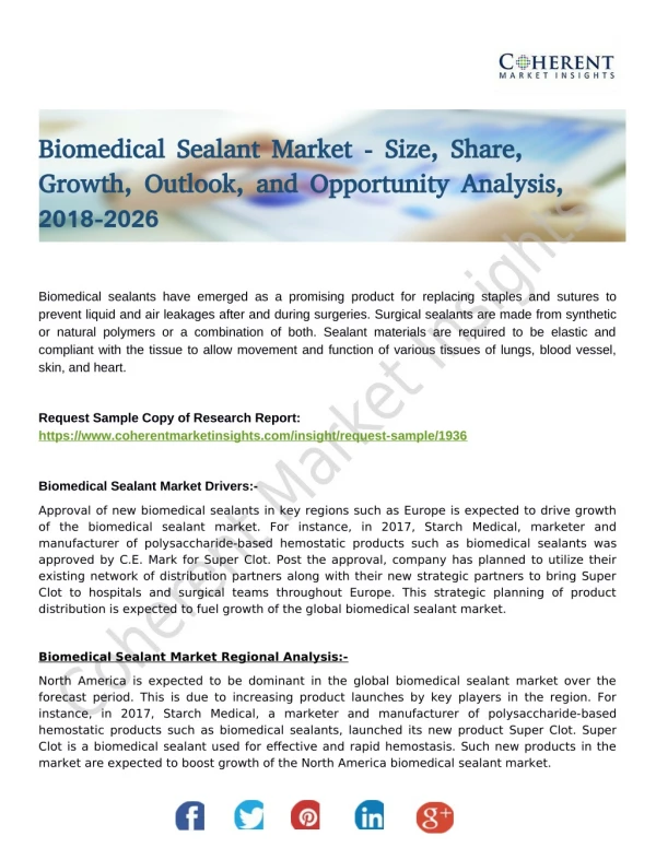 Biomedical Sealant Market is Most Likely to Reflect A Staggering Growth Through The Forecast Period 2018-2026