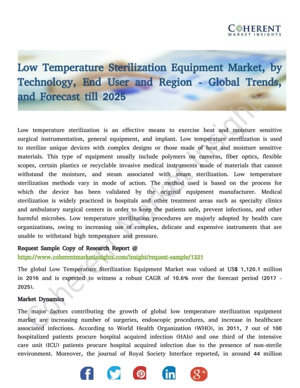 Low Temperature Sterilization Equipment Market, by Technology, End User and Region - Global Trends, and Forecast till 20