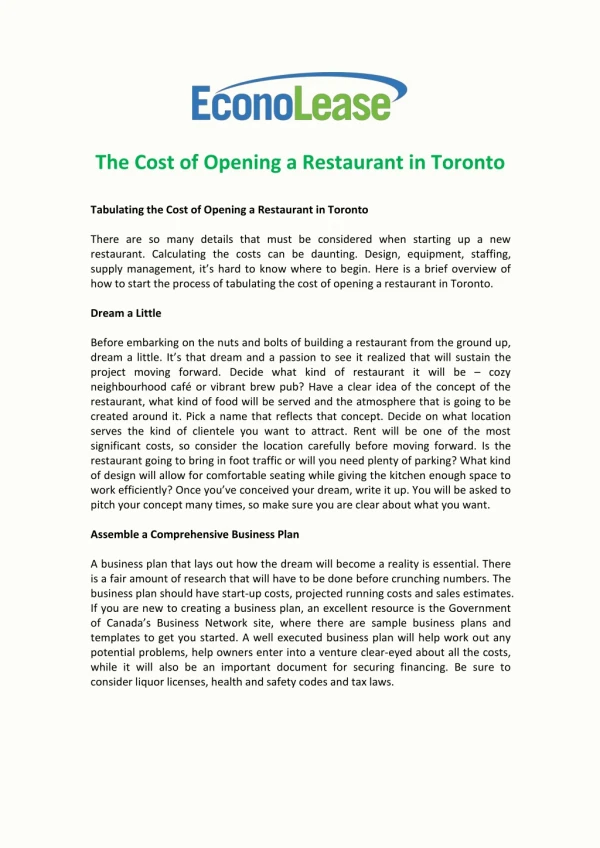 The Cost of Opening a Restaurant in Toronto