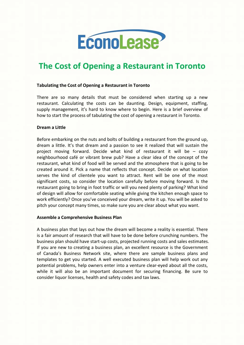 the cost of opening a restaurant in toronto