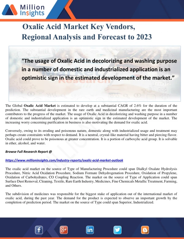 Oxalic Acid Market Key Vendors, Regional Analysis and Forecast to 2023