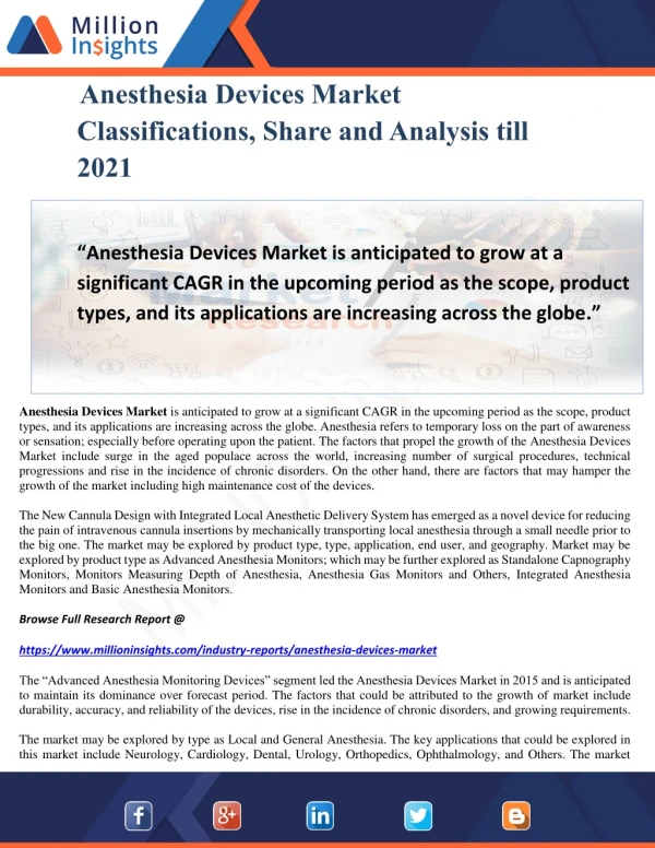 Anesthesia Devices Market Classifications, Share and Analysis till 2021