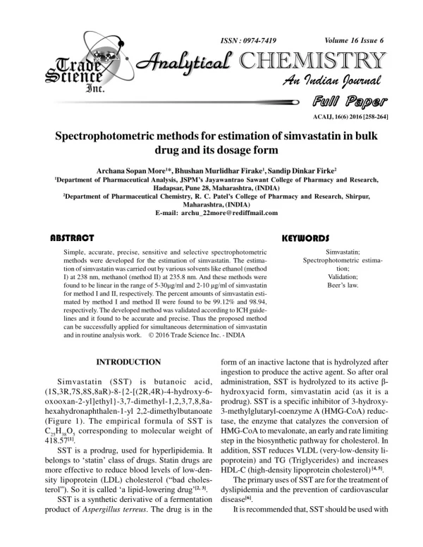 Spectrophotometric methodsfor estimation ofsimvastatin in bulk drug and its dosage form