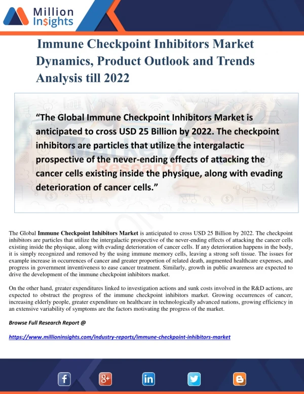 Immune Checkpoint Inhibitors Market Dynamics, Product Outlook and Trends Analysis till 2022
