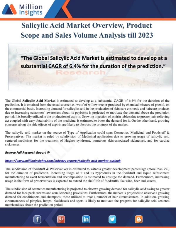 Salicylic Acid Market Overview, Product Scope and Sales Volume Analysis till 2023