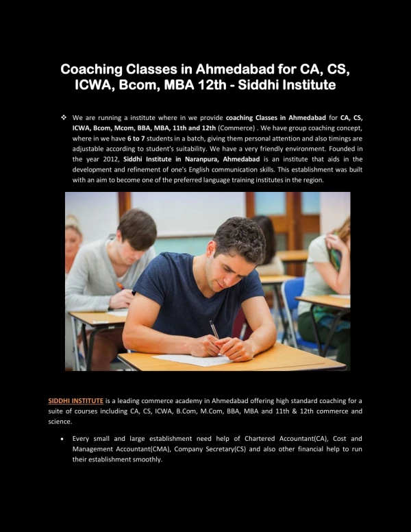 Coaching Classes in Ahmedabad for CA, CS, ICWA, Bcom, MBA 12th - Siddhi Institute