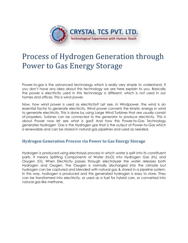 Process of Hydrogen Generation through Power to Gas Energy Storage