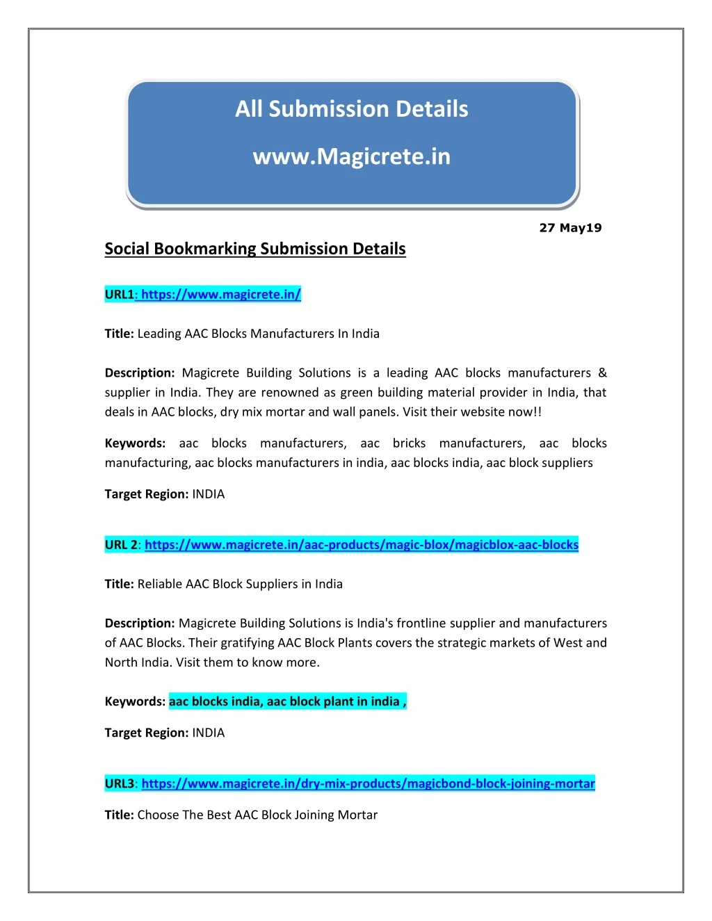 27 may19 social bookmarking submission details