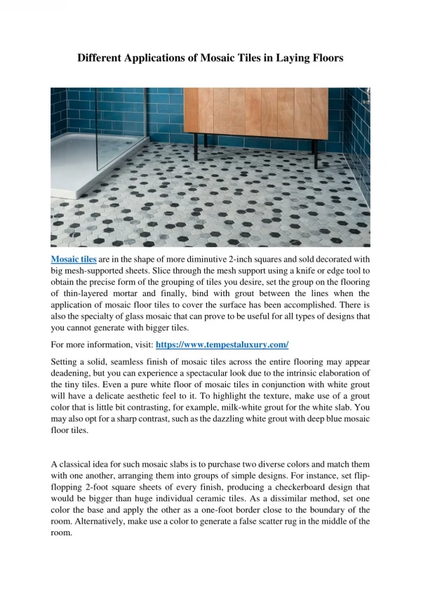 Different Applications of Mosaic Tiles in Laying Floors