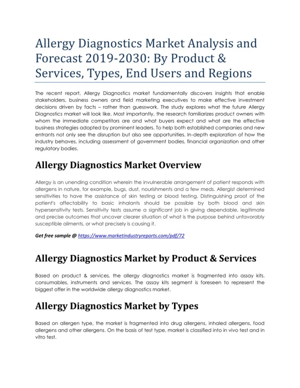 Allergy Diagnostics Market Analysis and Forecast 2019-2030: By Product & Services, Types, End Users and Regions