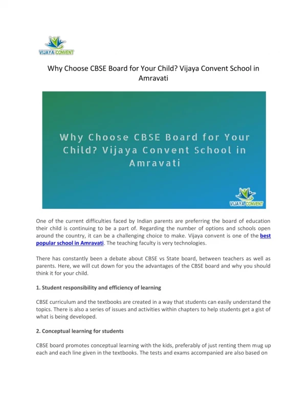 Why Choose CBSE Board for Your Child? Vijaya Convent School in Amravati