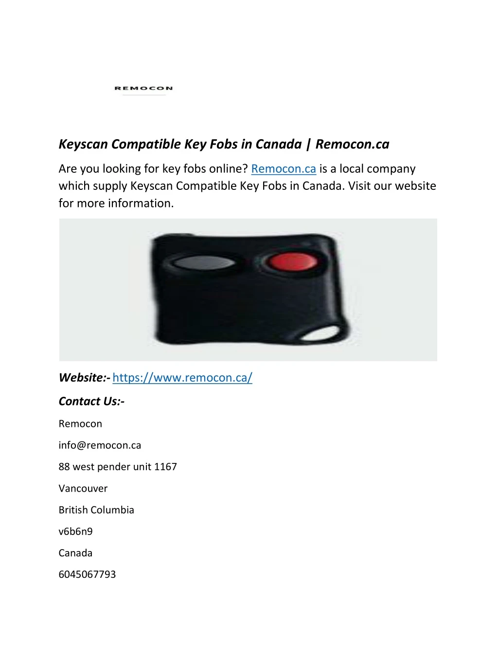 keyscan compatible key fobs in canada remocon ca