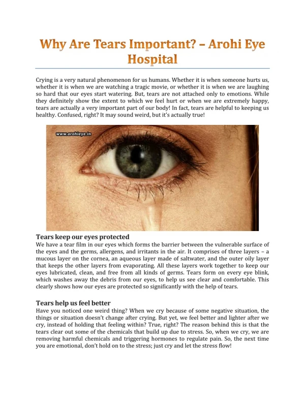 Why Are Tears Important? - Arohi Eye Hospital