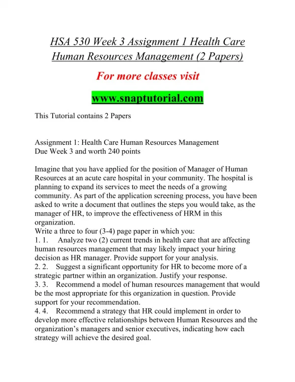 hsa 530 week 3 assignment 1 health care human