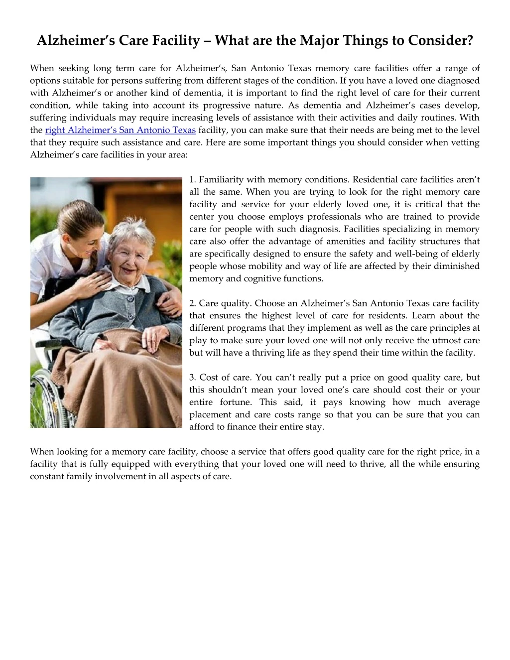 alzheimer s care facility what are the major