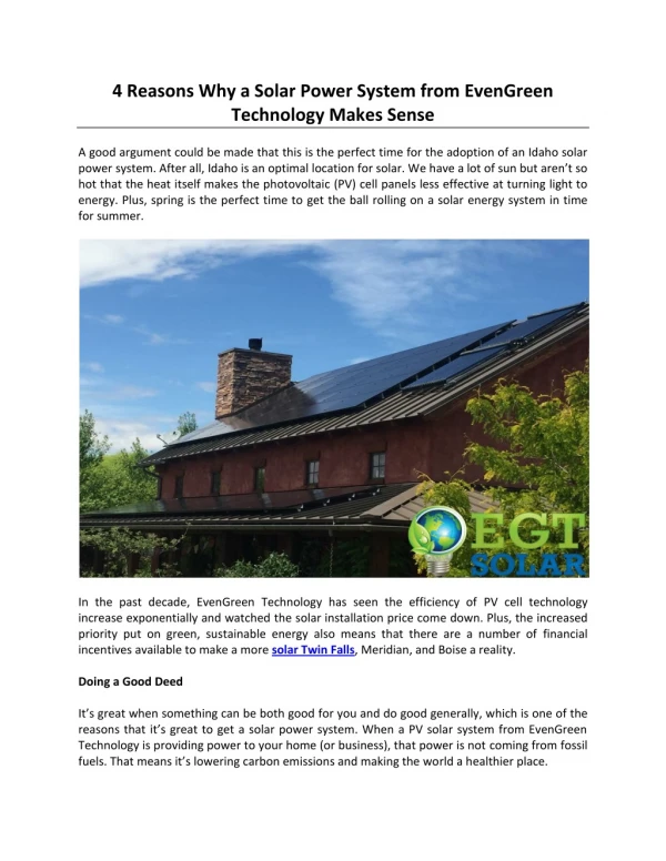 4 Reasons Why a Solar Power System from EvenGreen Technology Makes Sense