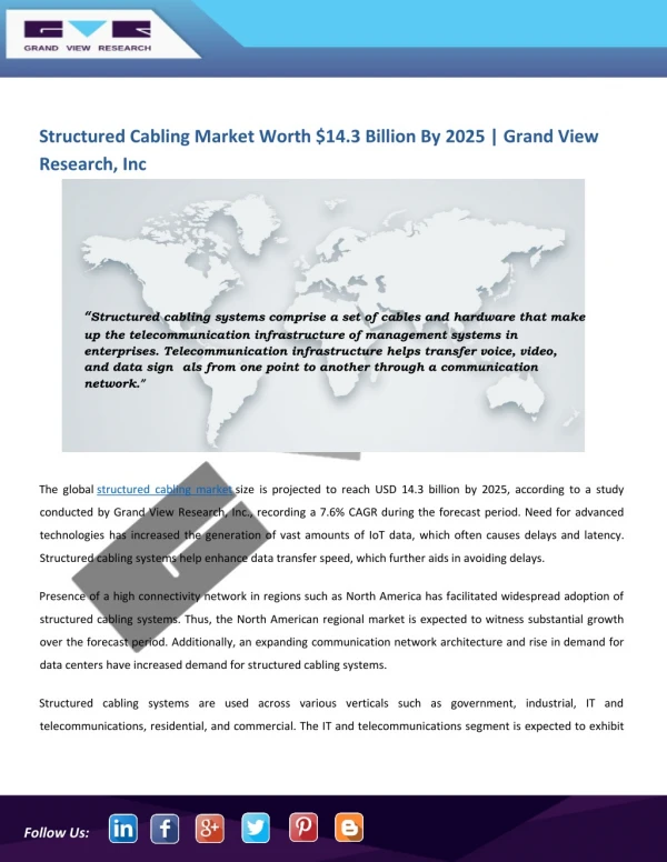 Structured Cabling Market Anticipated to Achieve Lucrative Growth by 2025
