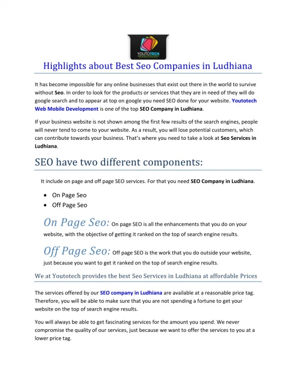 Highlights about Best Seo Companies in Ludhiana (YOUTOTECH Web Mobile Development)