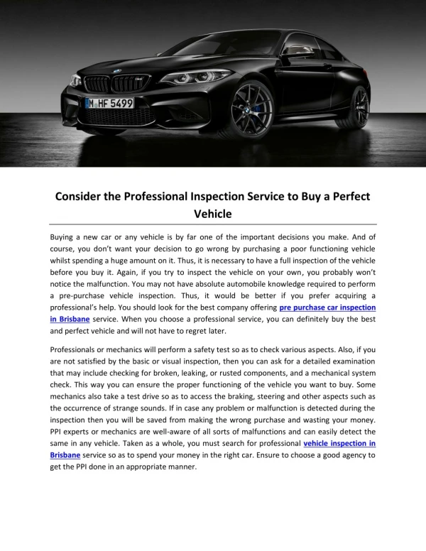 Consider the Professional Inspection Service to Buy a Perfect Vehicle
