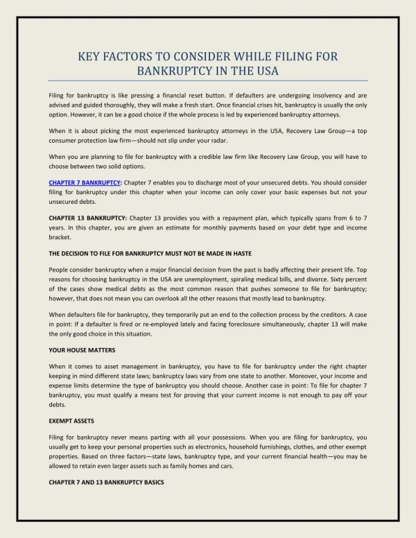 KEY FACTORS TO CONSIDER WHILE FILING FOR BANKRUPTCY IN THE USA