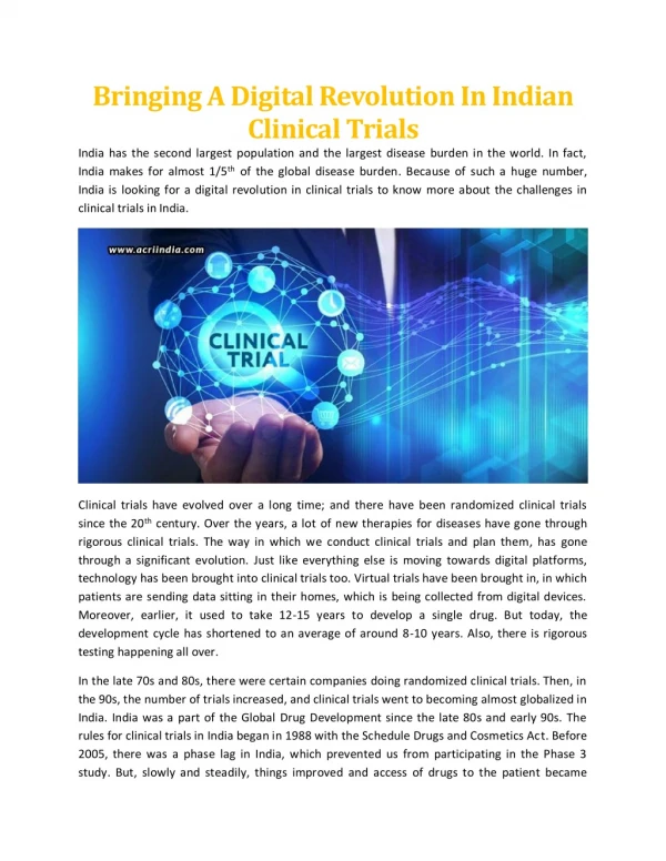 Bringing A Digital Revolution In Indian Clinical Trials - ACRI India