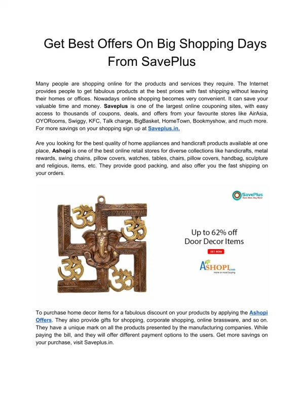 Get Best Offers On Big Shopping Days From SavePlus