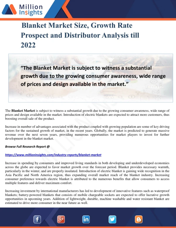 Blanket Market Size, Growth Rate Prospect and Distributor Analysis till 2022