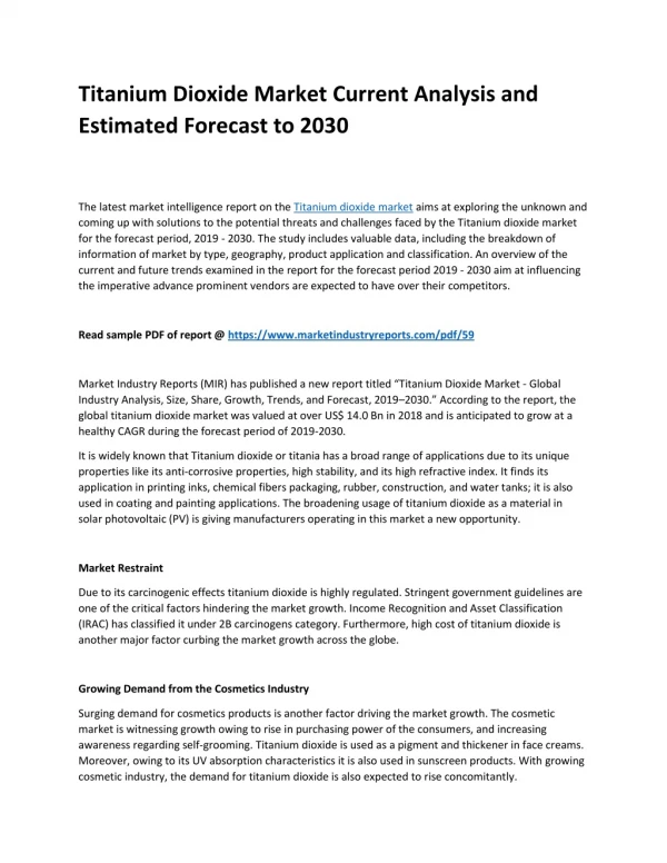 Titanium dioxide Market Challenges & Global Industry Analysis by 2030