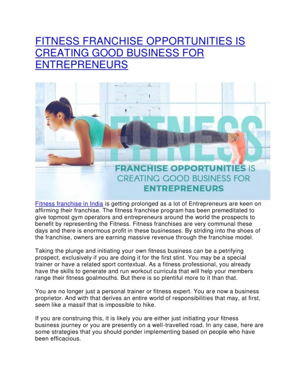 FITNESS FRANCHISE OPPORTUNITIES IS CREATING GOOD BUSINESS FOR ENTREPRENEURS