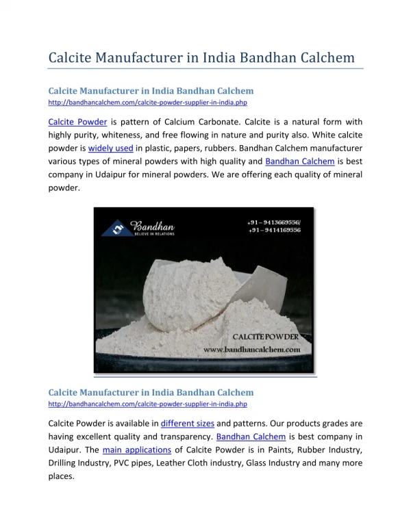 Calcite Manufacturer in India Bandhan Calchem