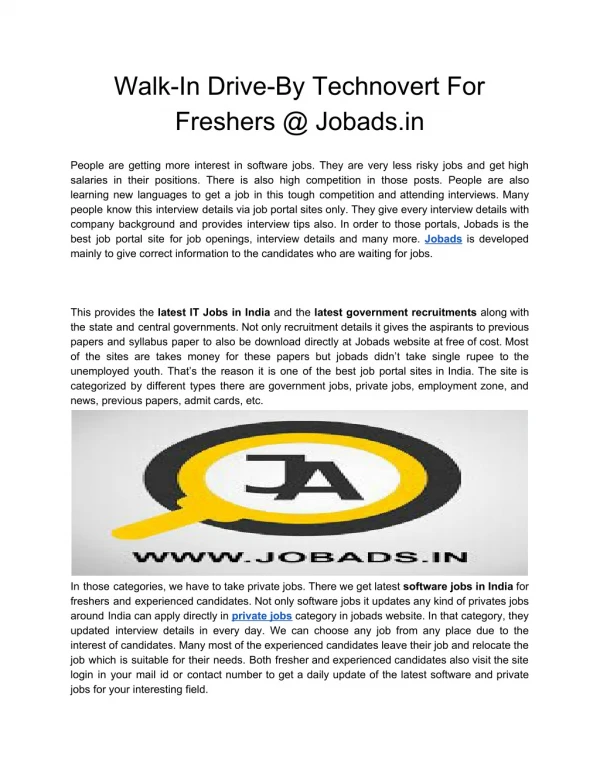 Walk in drive for Technovert Walkin Interview For Freshers @ jobads